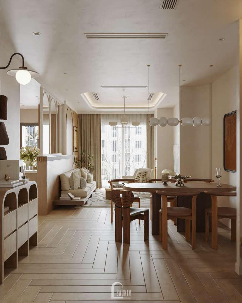 Không gian nội thất phòng bếp trong thiết kế chung cư 3 ngủ phong cách Modern Japandi dự án Viha Complex Leciva
